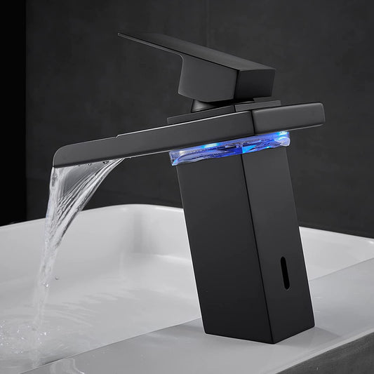 LED Light Bathroom Sink Faucet, 3 Colors Changing Waterfall Spout, Hot and Cold Water Mixer Tap, Black