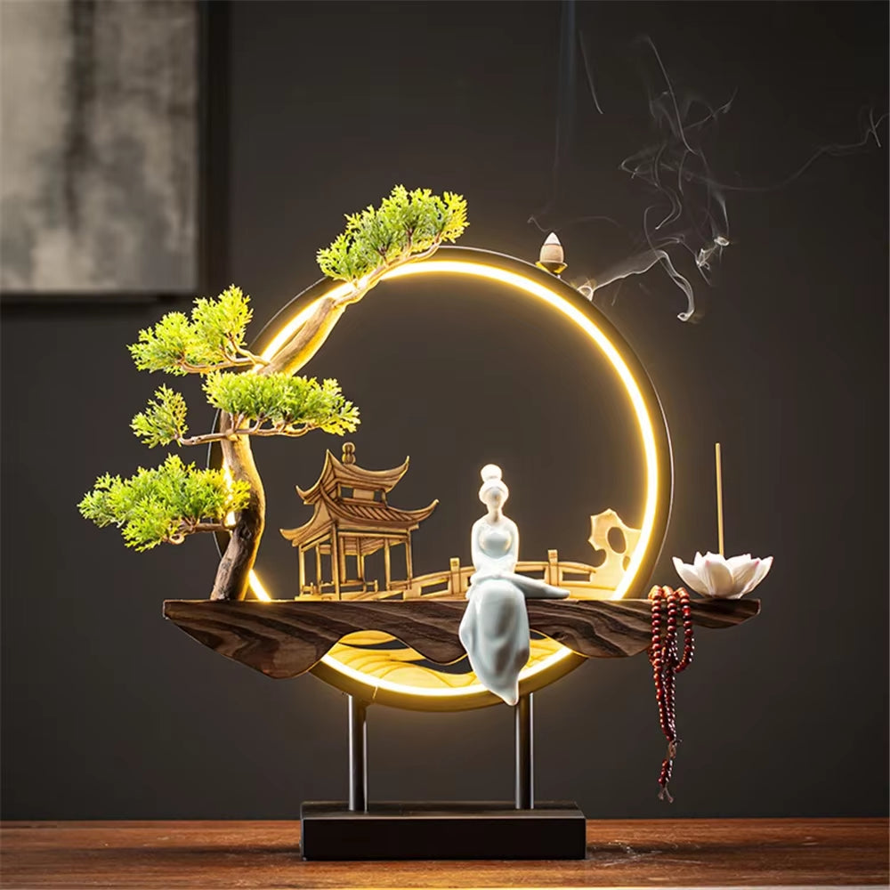 Wooden Backflow Incense Burner with Led Light USB Circle Ceramic Lotus Buddha Beads Home Office Decoration Furnishing