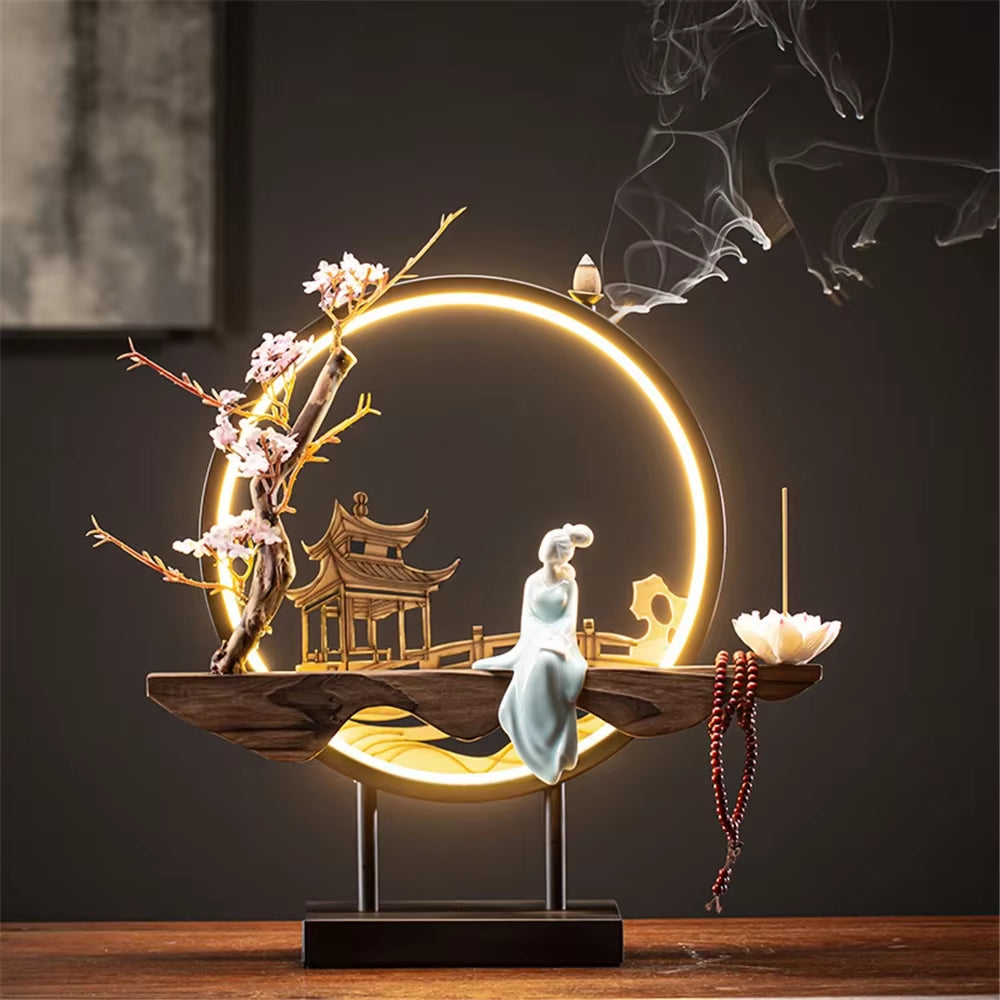 Wooden Backflow Incense Burner with Led Light USB Circle Ceramic Lotus Buddha Beads Home Office Decoration Furnishing