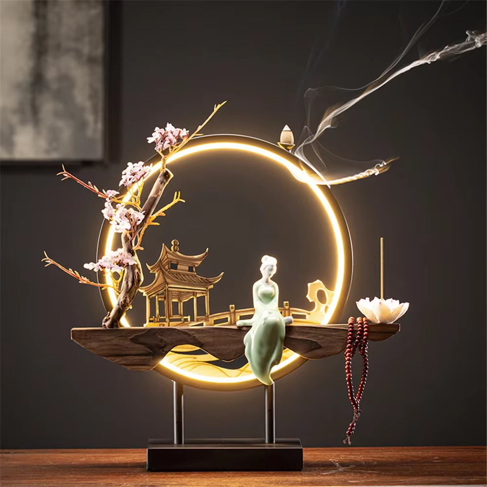 Wooden Backflow Incense Burner with Led Light USB Circle Ceramic Lotus Buddha Beads Home Office Decoration Furnishing