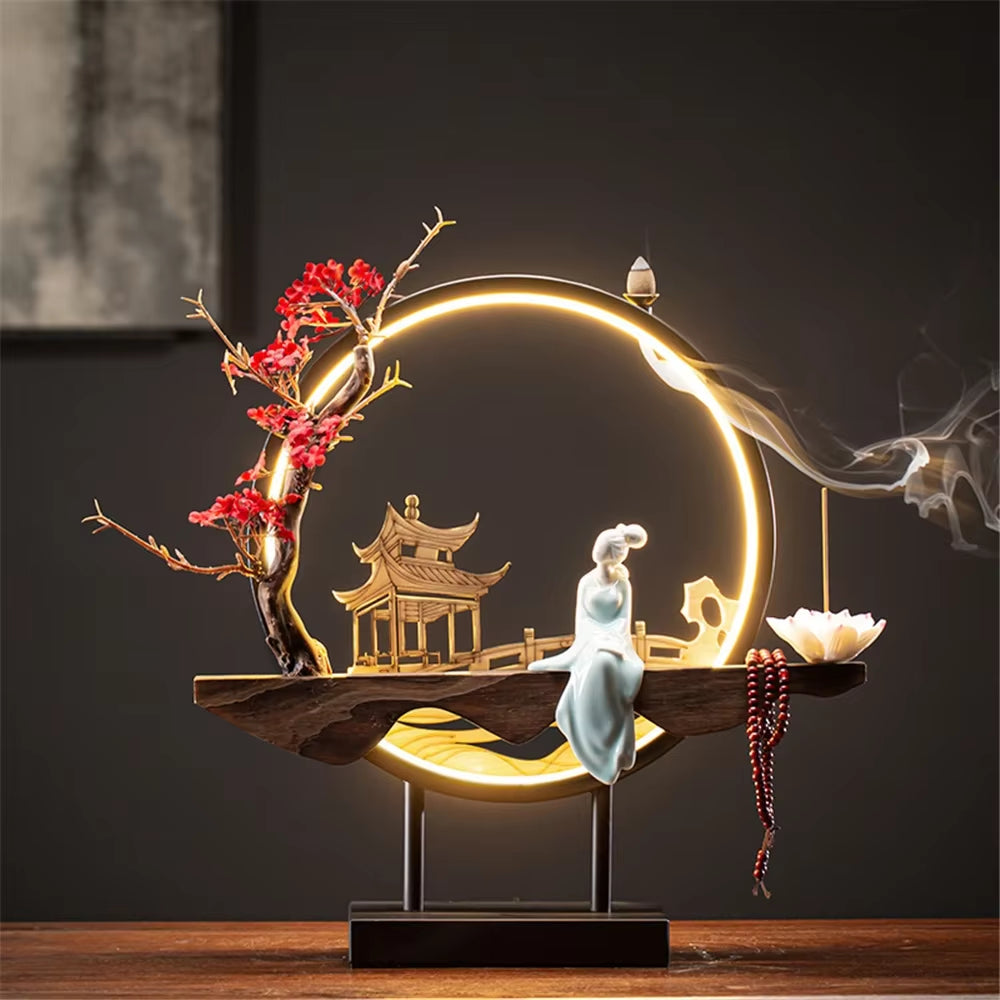 Wooden Backflow Incense Burner with Led Light USB Circle Ceramic Lotus Buddha Beads Home Office Decoration Furnishing