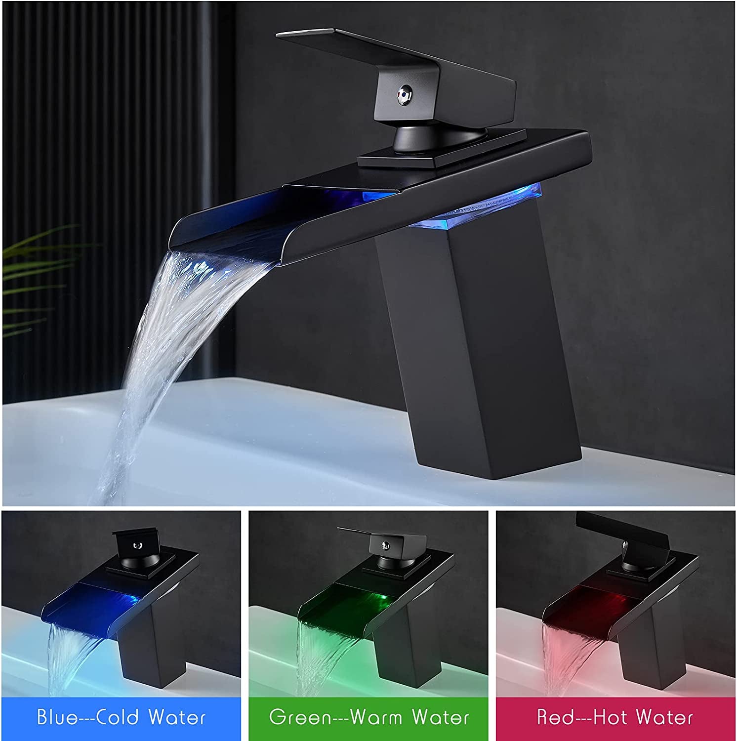 LED Light Bathroom Sink Faucet, 3 Colors Changing Waterfall Spout, Hot and Cold Water Mixer Tap, Black