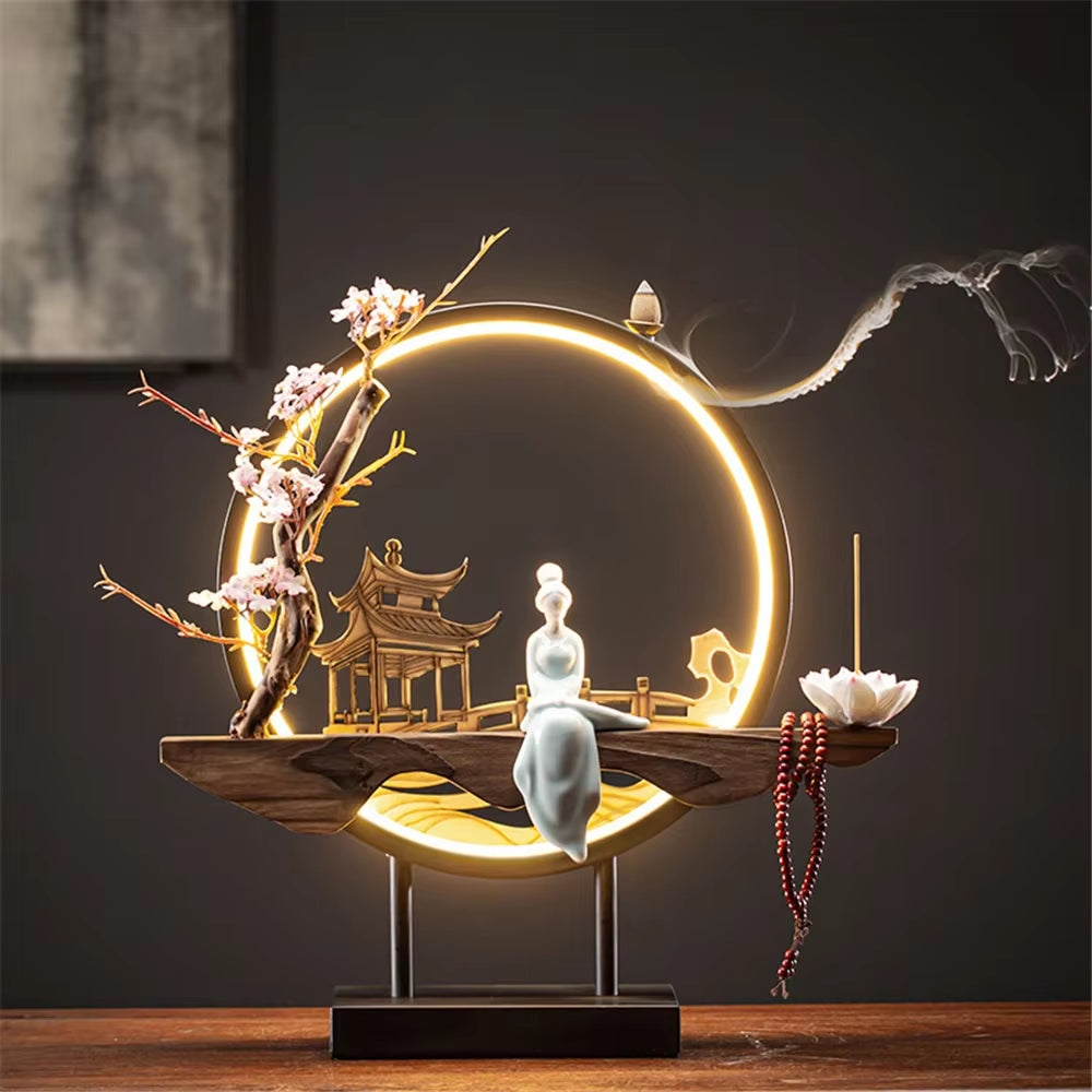 Wooden Backflow Incense Burner with Led Light USB Circle Ceramic Lotus Buddha Beads Home Office Decoration Furnishing