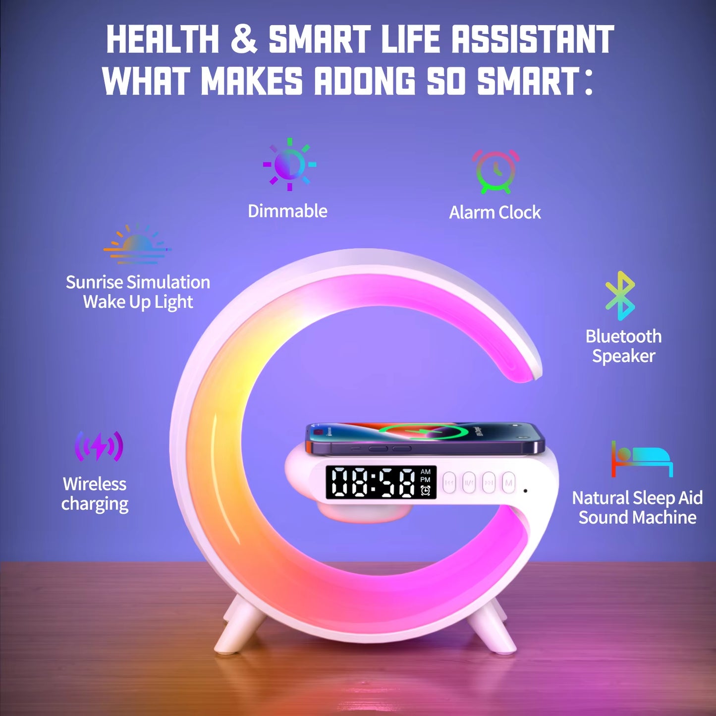 LED Smart Wake up Light RGB Night Light with Wireless Speaker 15W Wireless Rechargeable Desk Lamp for Bedroom Bedside Game Room