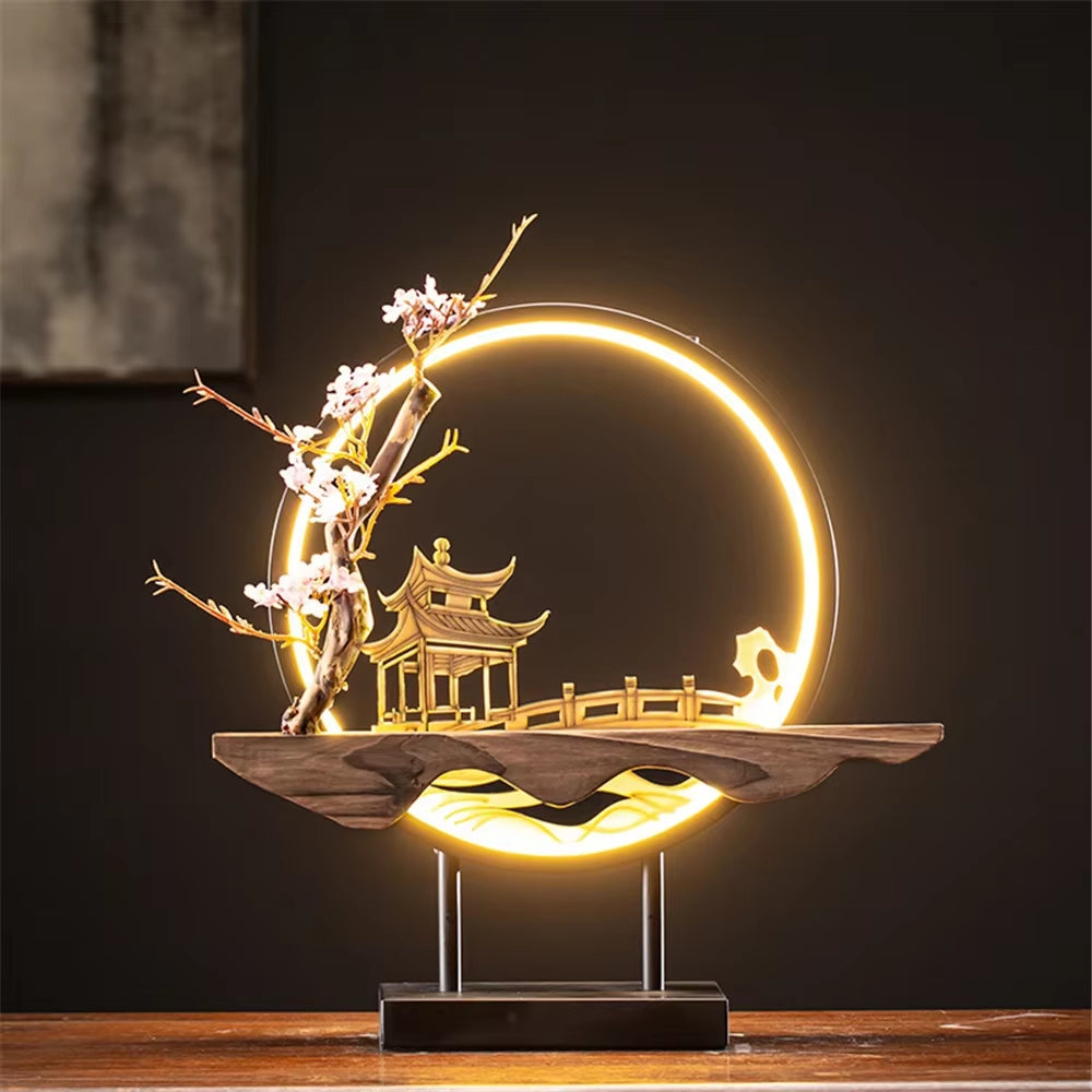 Wooden Backflow Incense Burner with Led Light USB Circle Ceramic Lotus Buddha Beads Home Office Decoration Furnishing